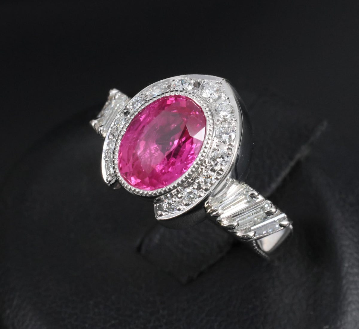 2.56ct GIA Burma Pink Sapphire 0.65ct Diamond Platinum Playing Card Ring, Size 6