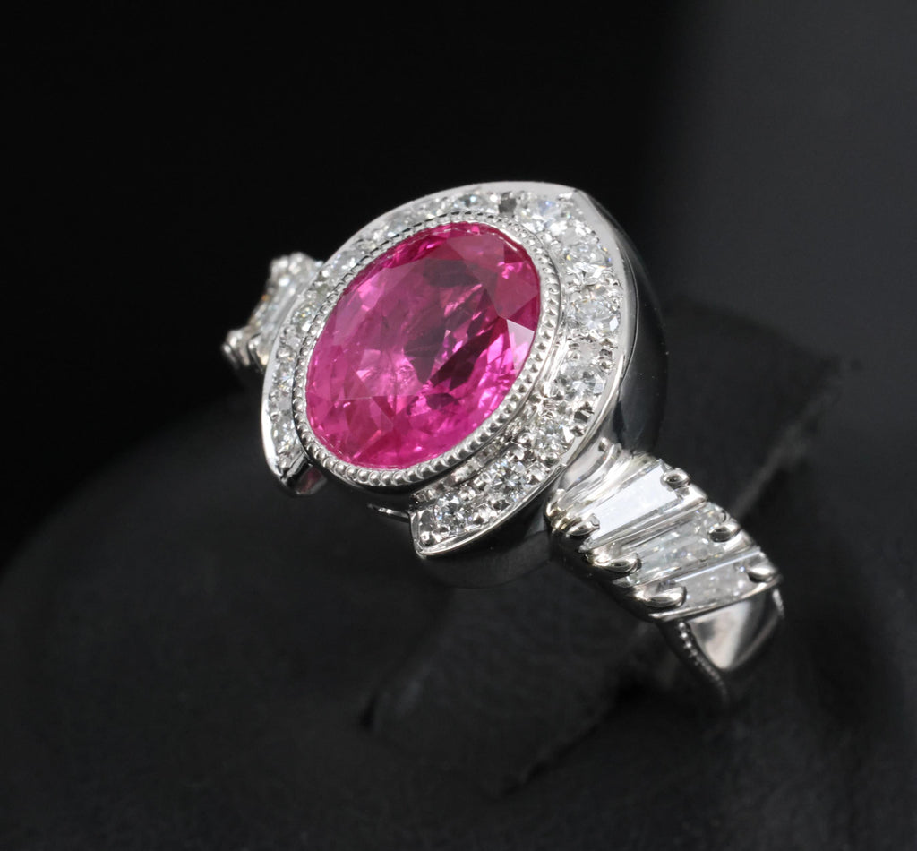 2.56ct GIA Burma Pink Sapphire 0.65ct Diamond Platinum Playing Card Ring, Size 6
