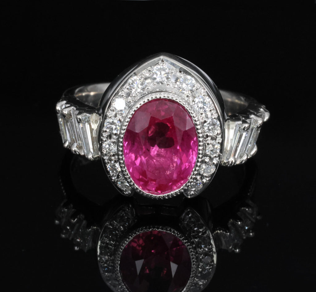 2.56ct GIA Burma Pink Sapphire 0.65ct Diamond Platinum Playing Card Ring, Size 6