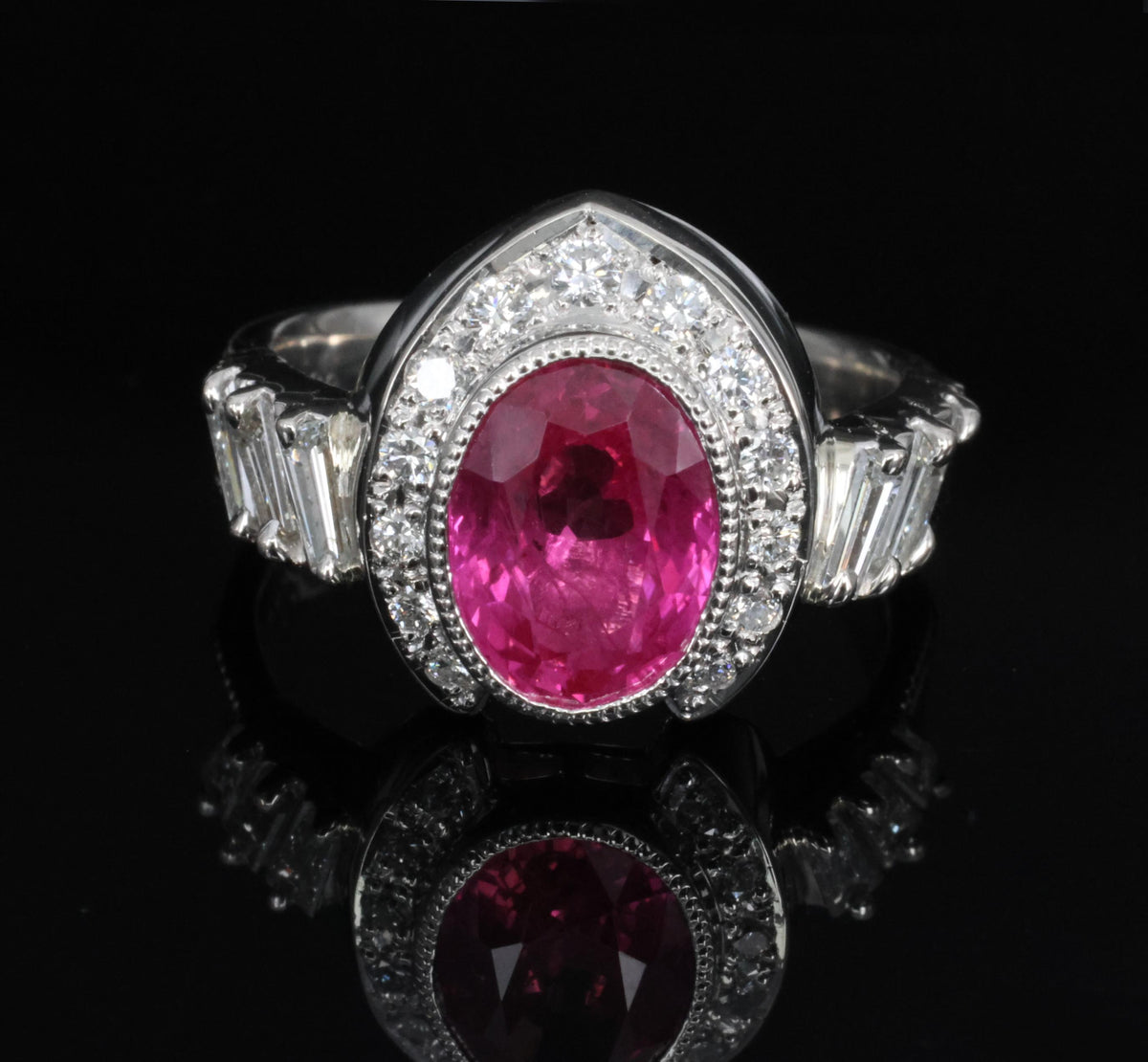 2.56ct GIA Burma Pink Sapphire 0.65ct Diamond Platinum Playing Card Ring, Size 6