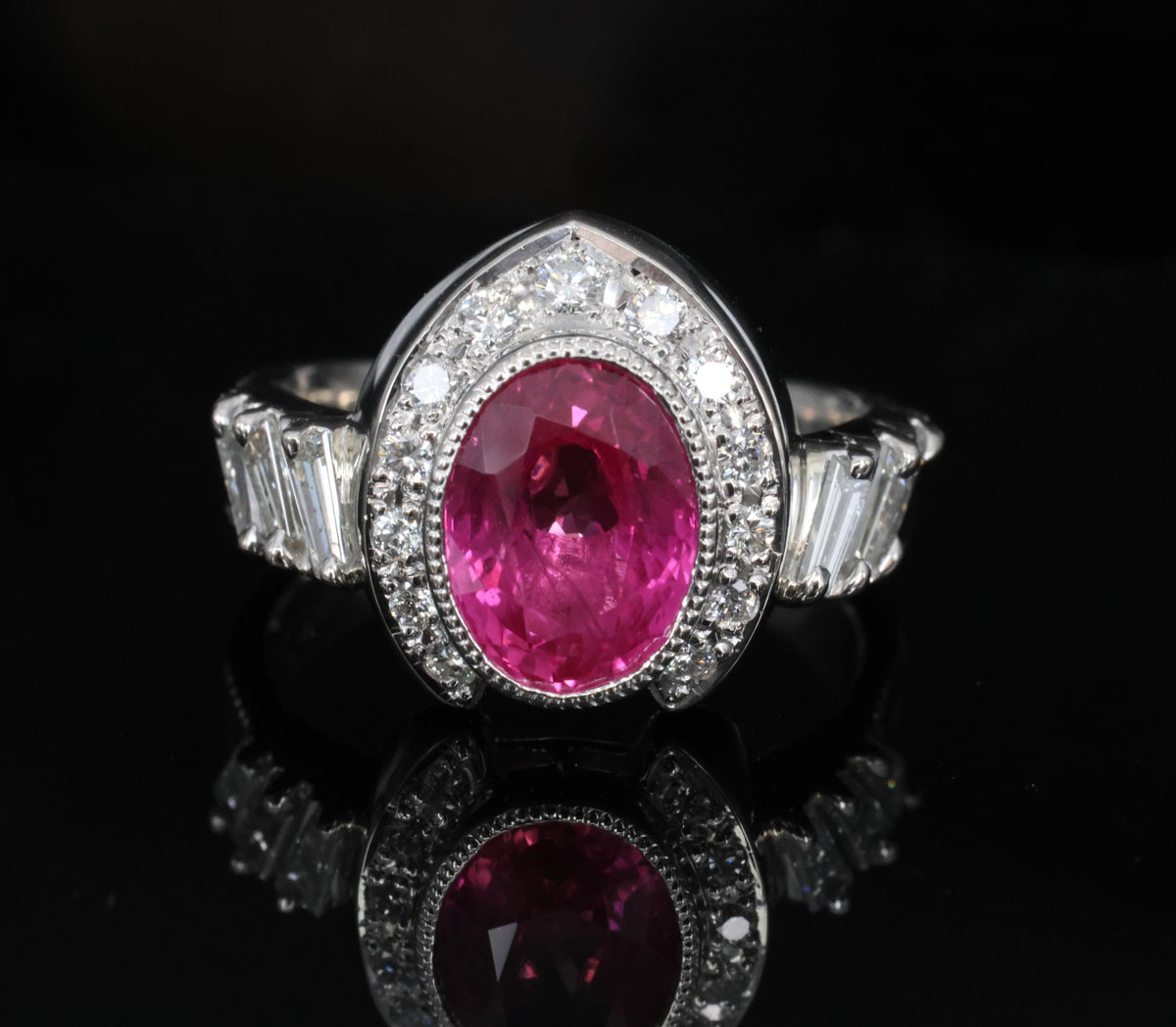 2.56ct GIA Burma Pink Sapphire 0.65ct Diamond Platinum Playing Card Ring, Size 6
