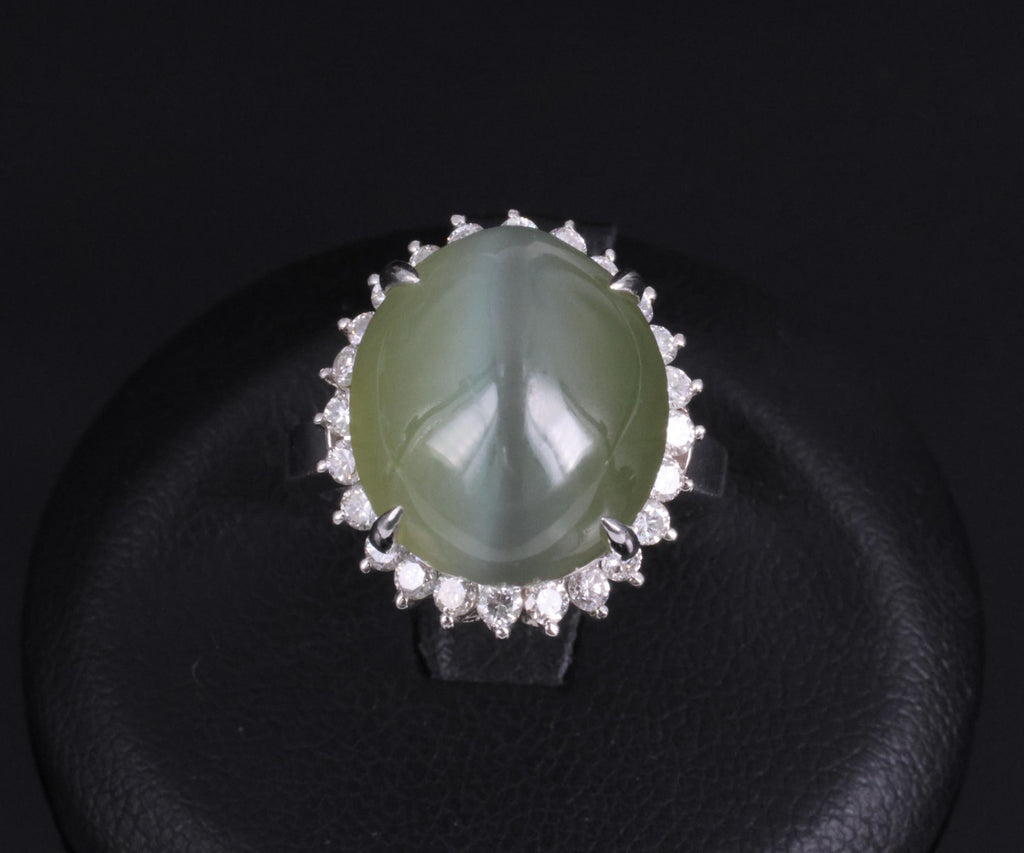 Rare 7.73ct Natural Nephrite Jade Cat's Eye 0.55ct Diamond Platinum Ring Sz 4.25