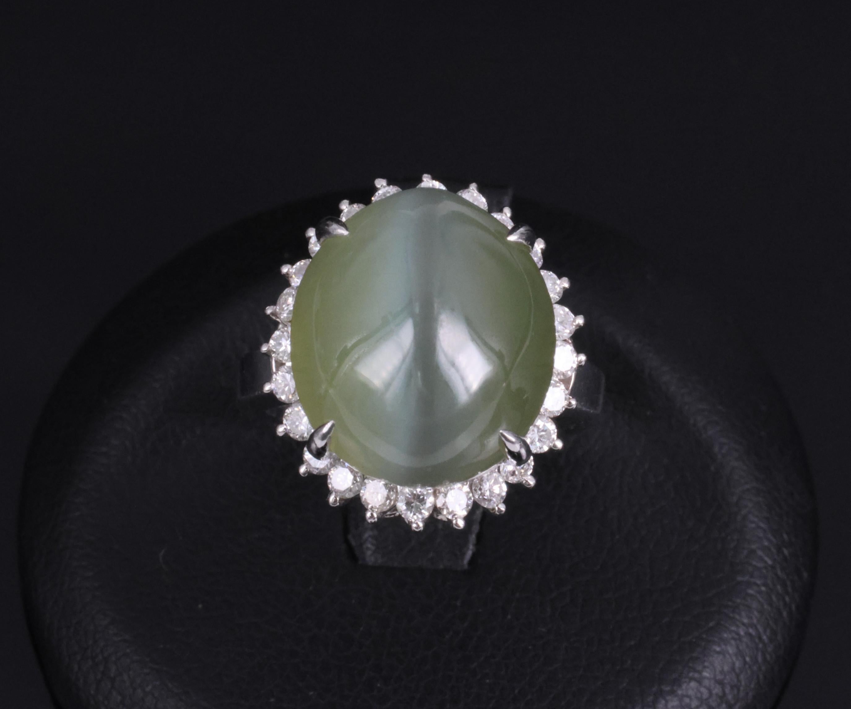 Rare 7.73ct Natural Nephrite Jade Cat's Eye 0.55ct Diamond Platinum Ring Sz 4.25