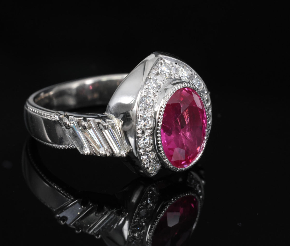 2.56ct GIA Burma Pink Sapphire 0.65ct Diamond Platinum Playing Card Ring, Size 6