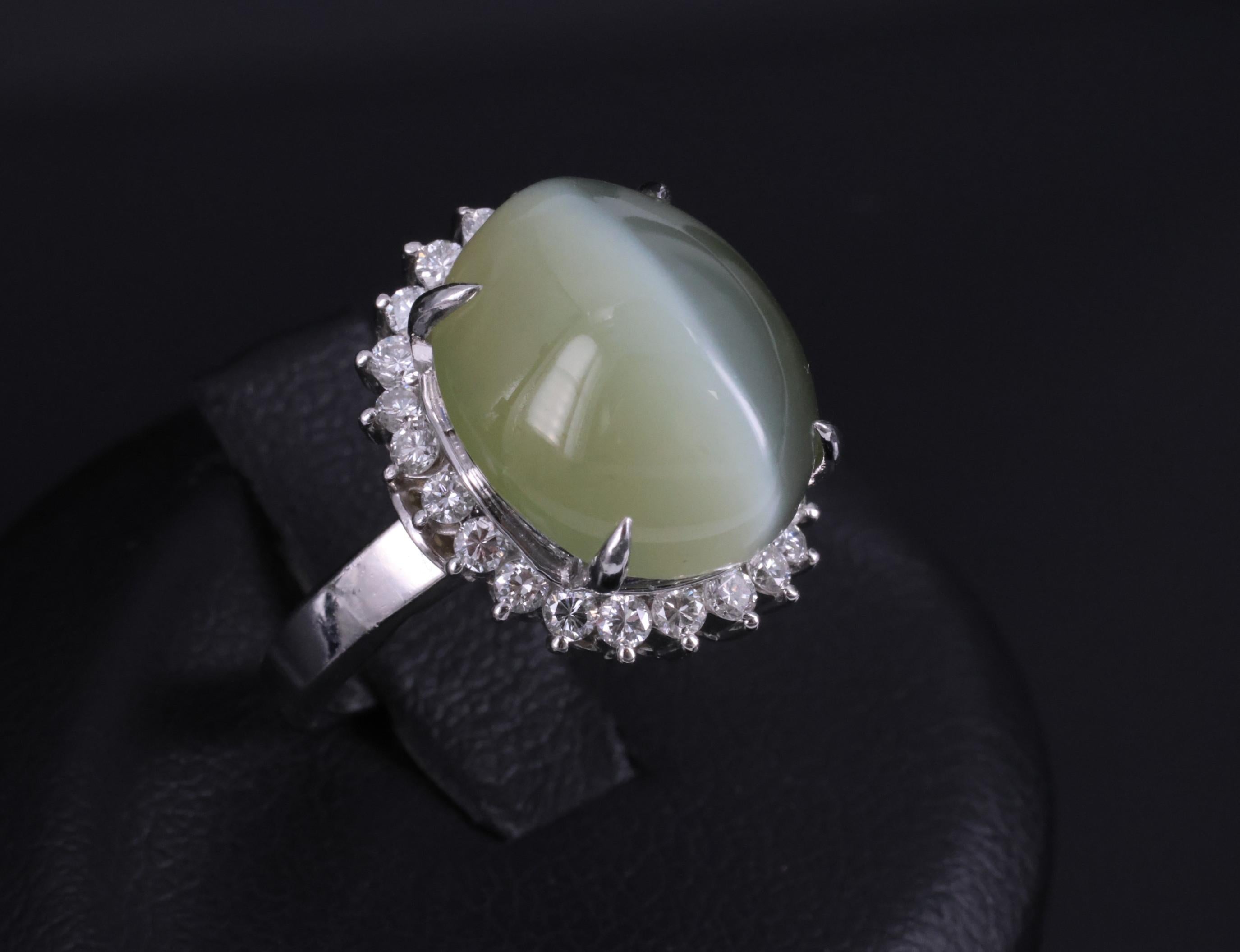 Rare 7.73ct Natural Nephrite Jade Cat's Eye 0.55ct Diamond Platinum Ring Sz 4.25