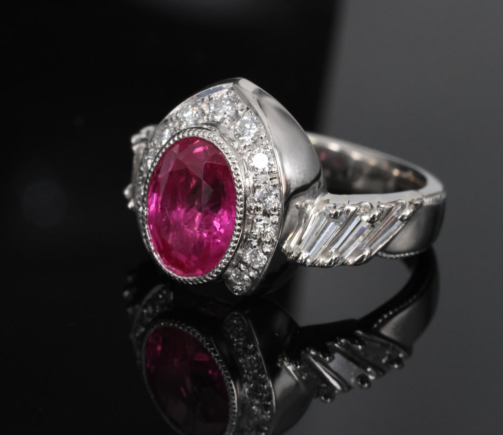 2.56ct GIA Burma Pink Sapphire 0.65ct Diamond Platinum Playing Card Ring, Size 6