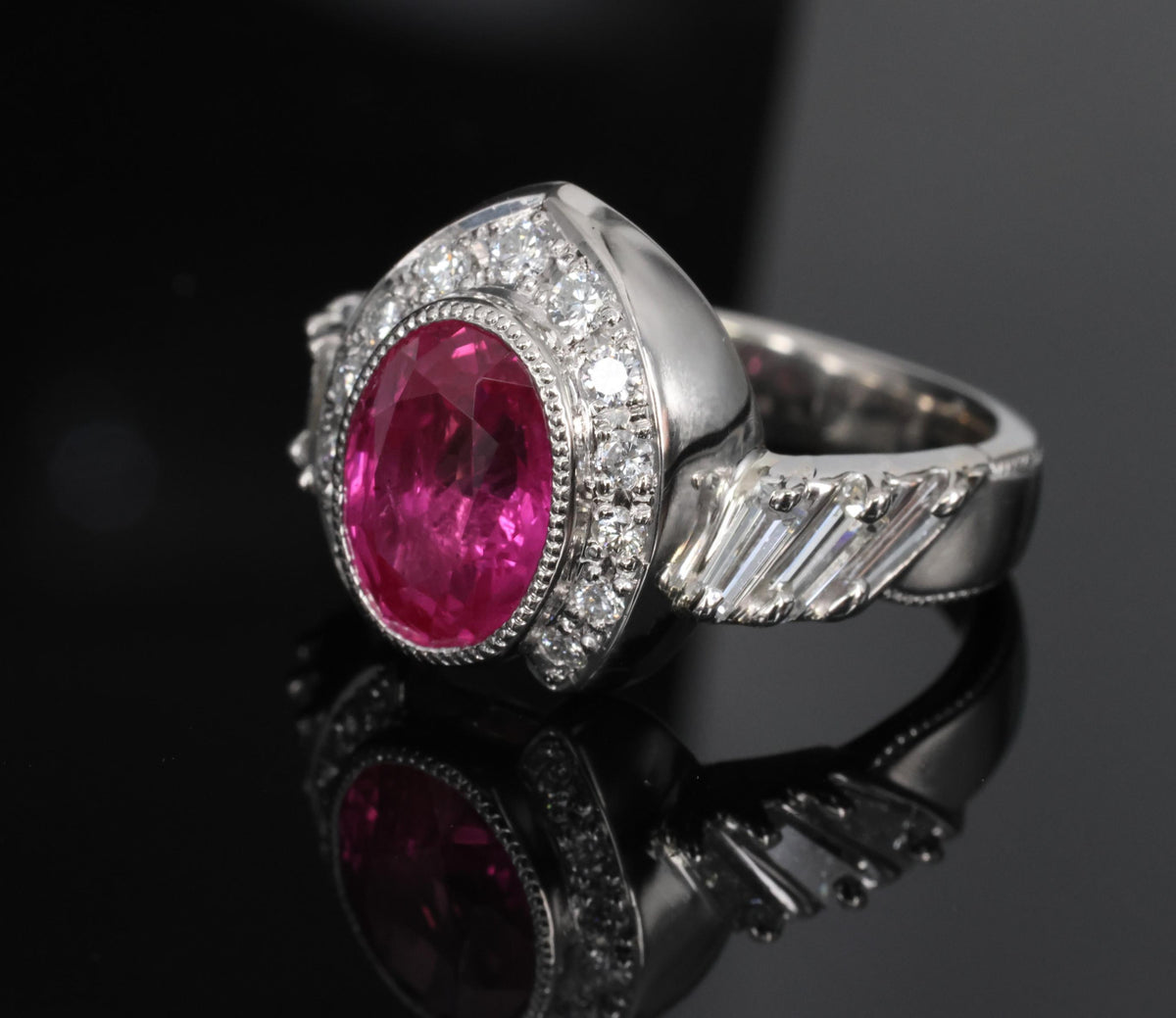 2.56ct GIA Burma Pink Sapphire 0.65ct Diamond Platinum Playing Card Ring, Size 6