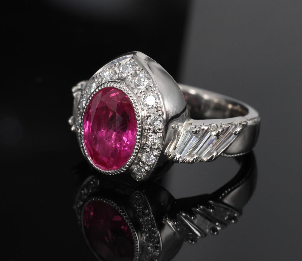 2.56ct GIA Burma Pink Sapphire 0.65ct Diamond Platinum Playing Card Ring, Size 6