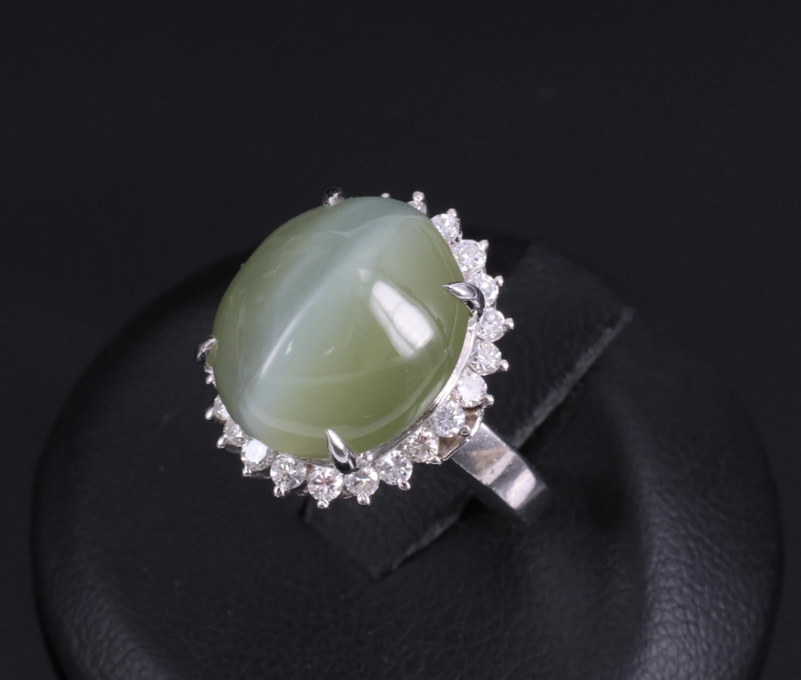 Rare 7.73ct Natural Nephrite Jade Cat's Eye 0.55ct Diamond Platinum Ring Sz 4.25