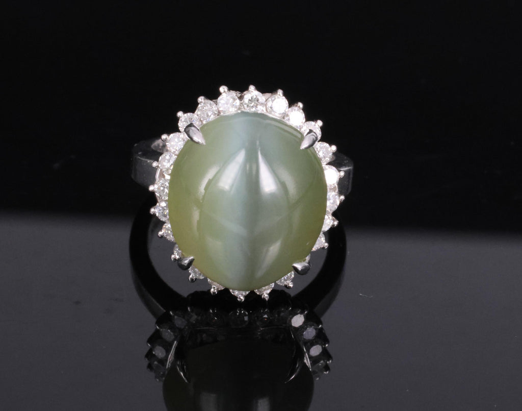 Rare 7.73ct Natural Nephrite Jade Cat's Eye 0.55ct Diamond Platinum Ring Sz 4.25