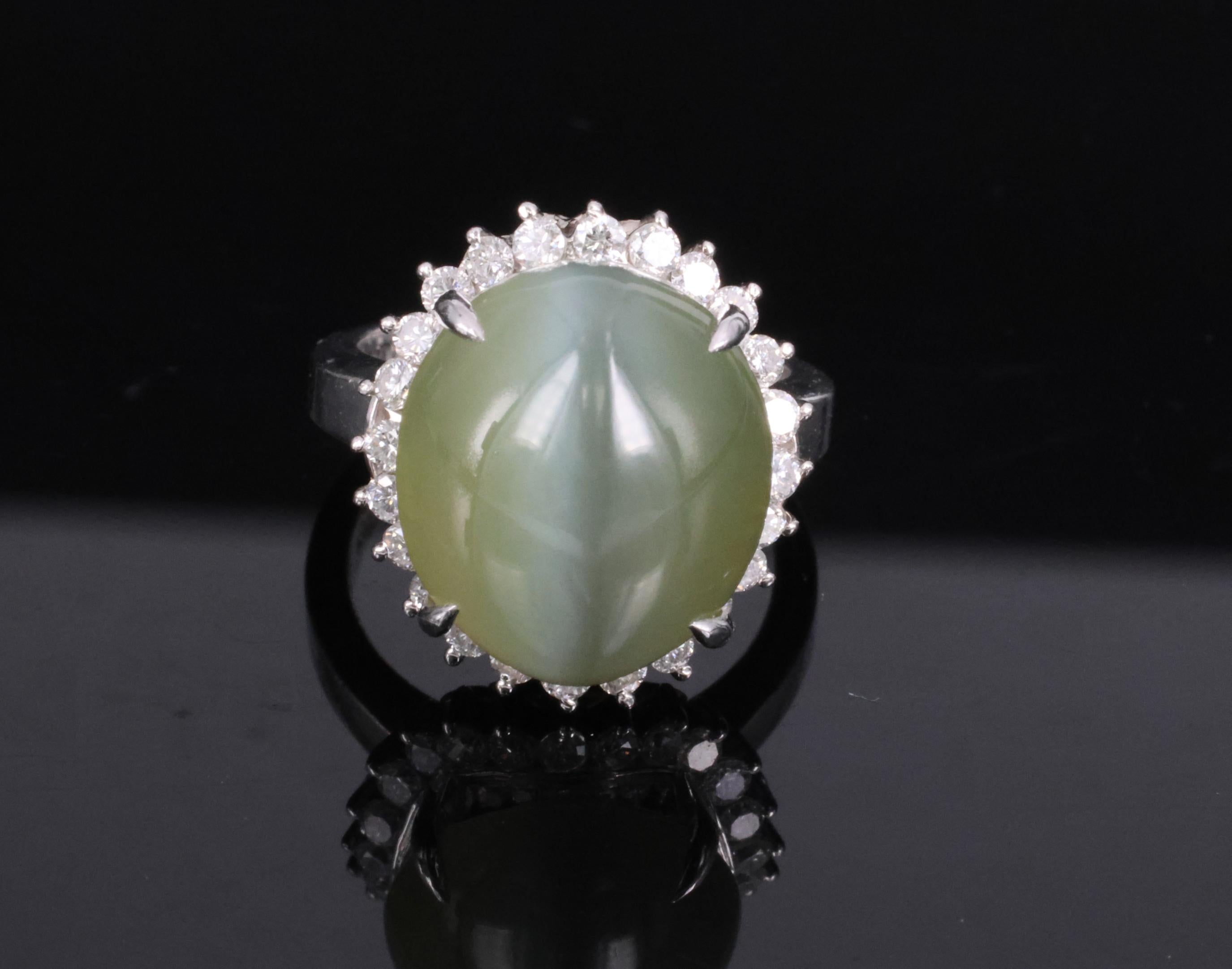 Rare 7.73ct Natural Nephrite Jade Cat's Eye 0.55ct Diamond Platinum Ring Sz 4.25