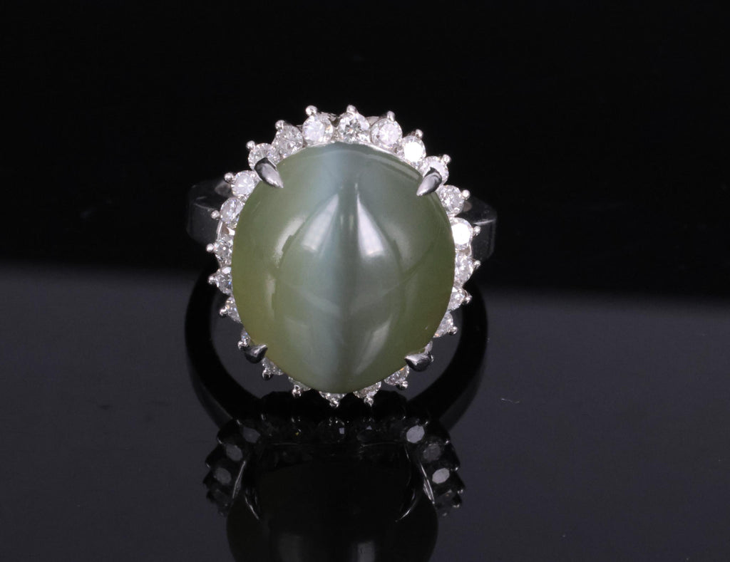 Rare 7.73ct Natural Nephrite Jade Cat's Eye 0.55ct Diamond Platinum Ring Sz 4.25