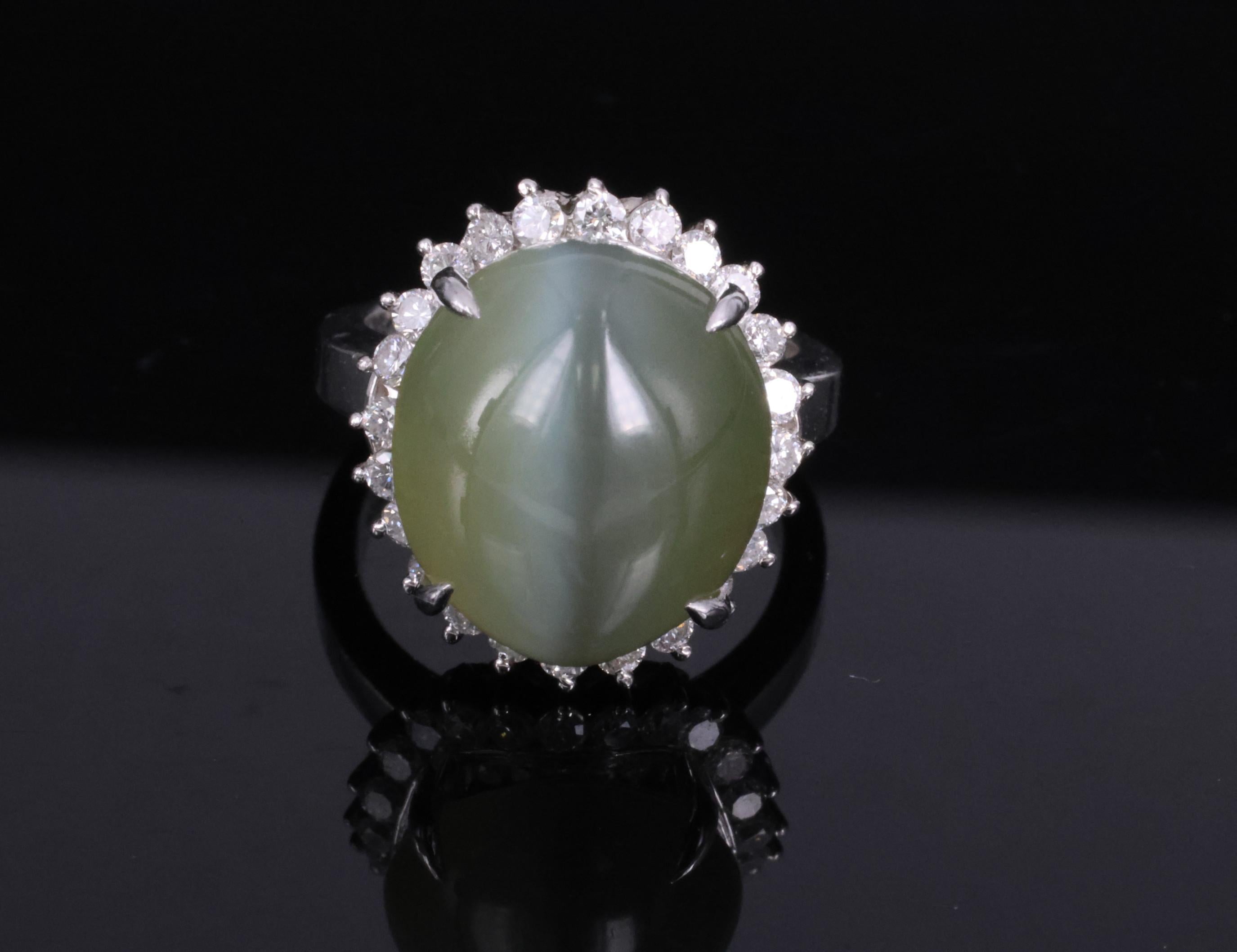 Rare 7.73ct Natural Nephrite Jade Cat's Eye 0.55ct Diamond Platinum Ring Sz 4.25