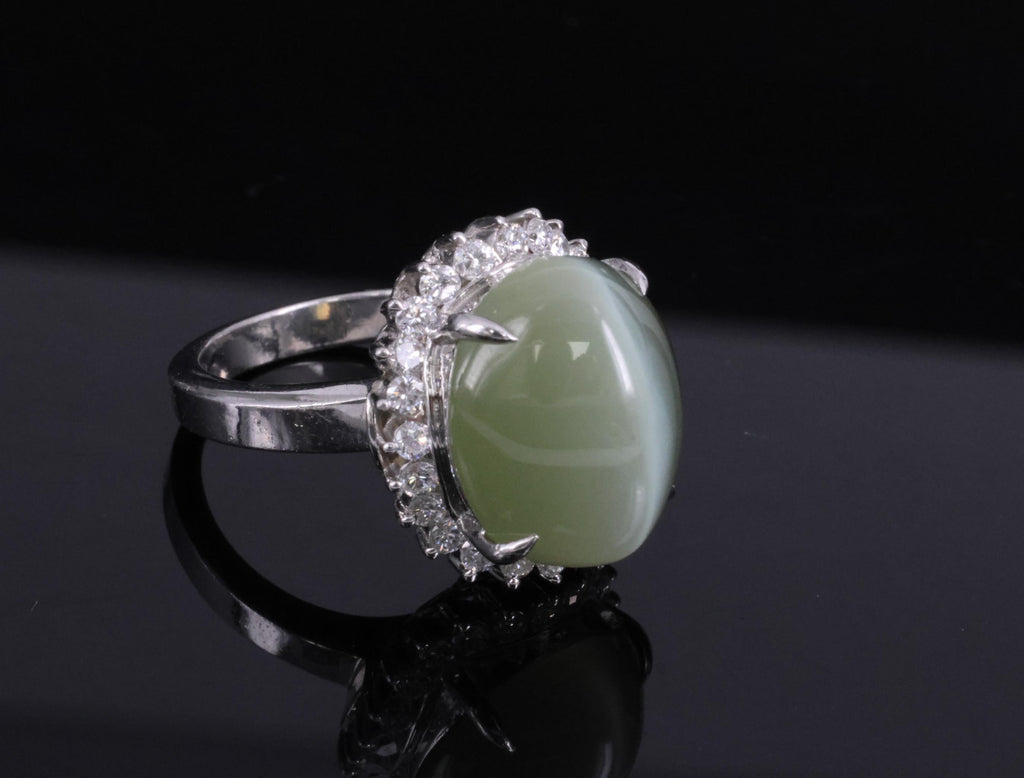 Rare 7.73ct Natural Nephrite Jade Cat's Eye 0.55ct Diamond Platinum Ring Sz 4.25