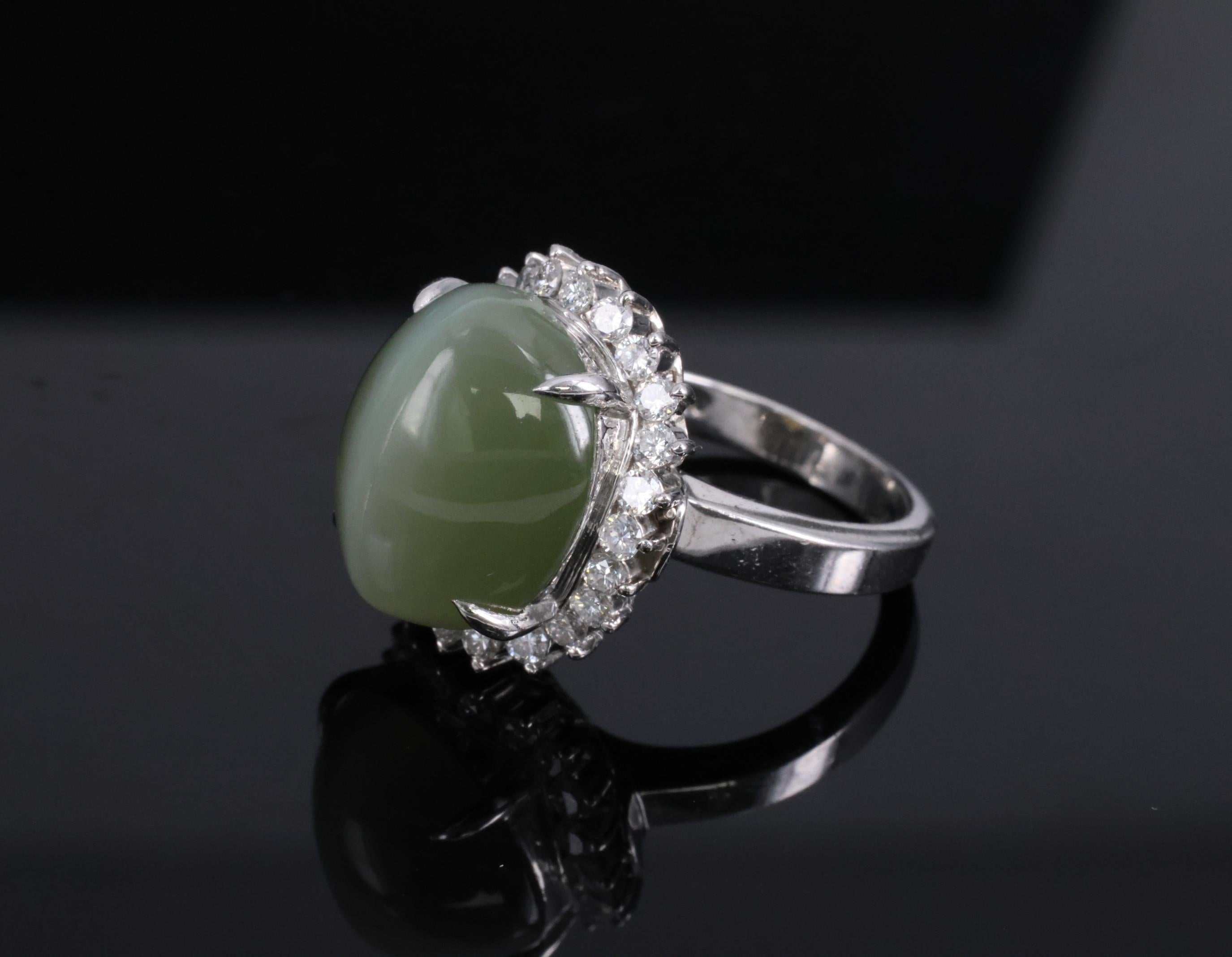 Rare 7.73ct Natural Nephrite Jade Cat's Eye 0.55ct Diamond Platinum Ring Sz 4.25