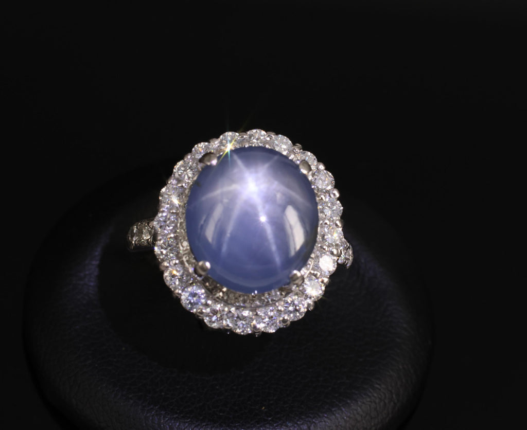 Vintage 11.12ct Natural Star Sapphire & 1.24ct Diamond Platinum Ring Size 7.5