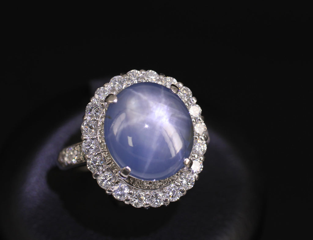 Vintage 11.12ct Natural Star Sapphire & 1.24ct Diamond Platinum Ring Size 7.5