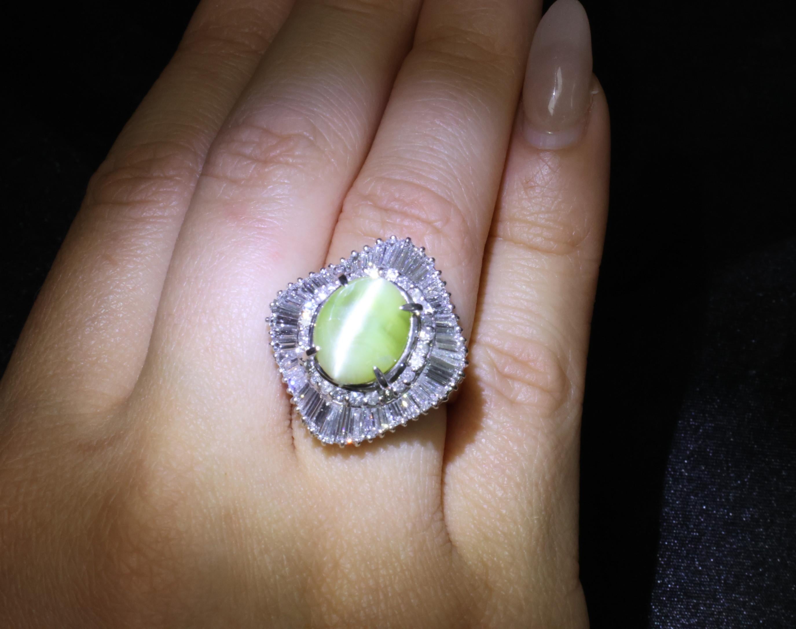 Rare 8.95ct Natural Chrysoberyl Cat's Eye 2.60ct Diamond Platinum Ring Size 6.5