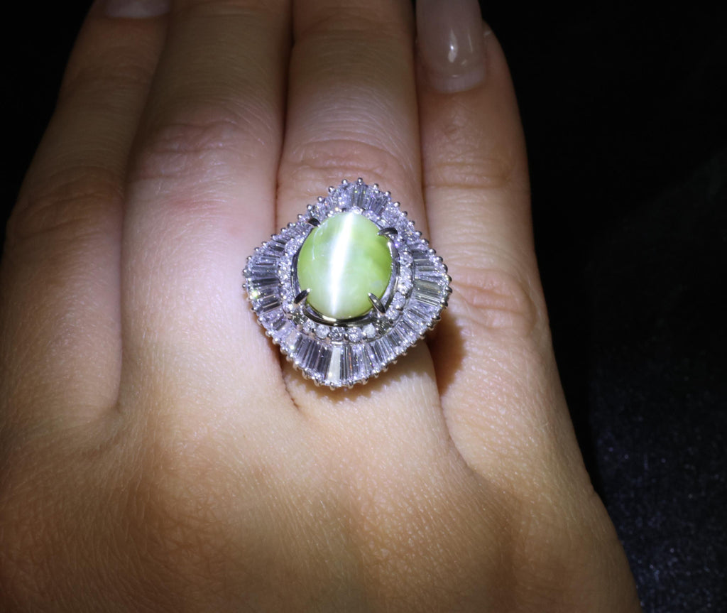 Rare 8.95ct Natural Chrysoberyl Cat's Eye 2.60ct Diamond Platinum Ring Size 6.5