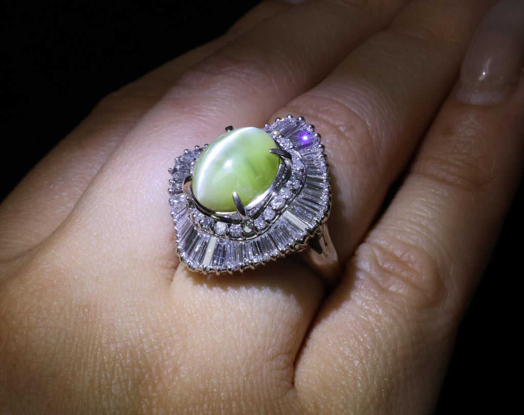 Rare 8.95ct Natural Chrysoberyl Cat's Eye 2.60ct Diamond Platinum Ring Size 6.5