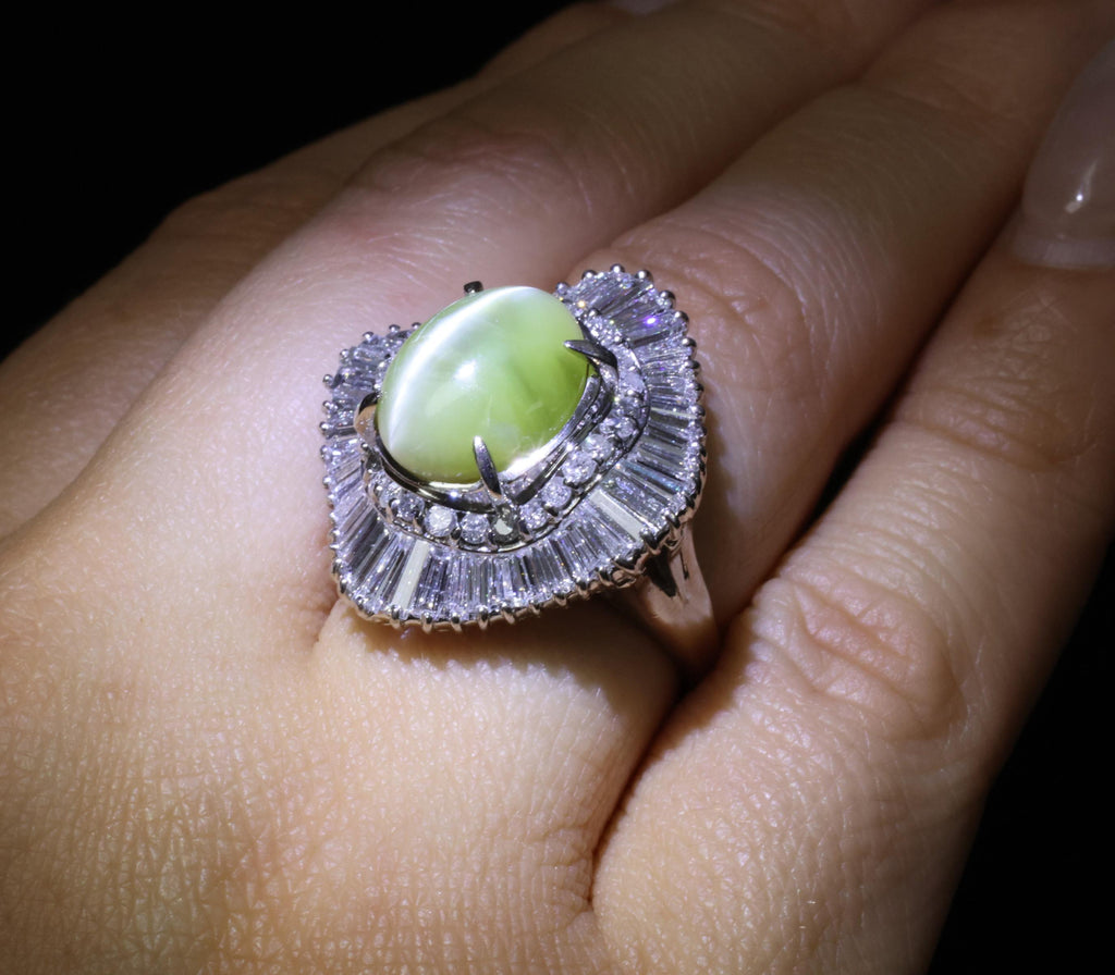 Rare 8.95ct Natural Chrysoberyl Cat's Eye 2.60ct Diamond Platinum Ring Size 6.5