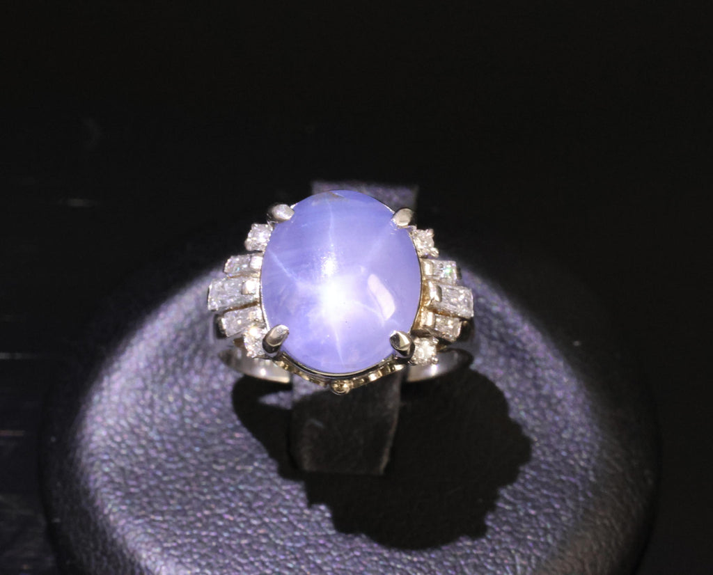 Vintage 7.11ct Blue Star Sapphire & 0.42ct Diamond Platinum Ring, Size 5