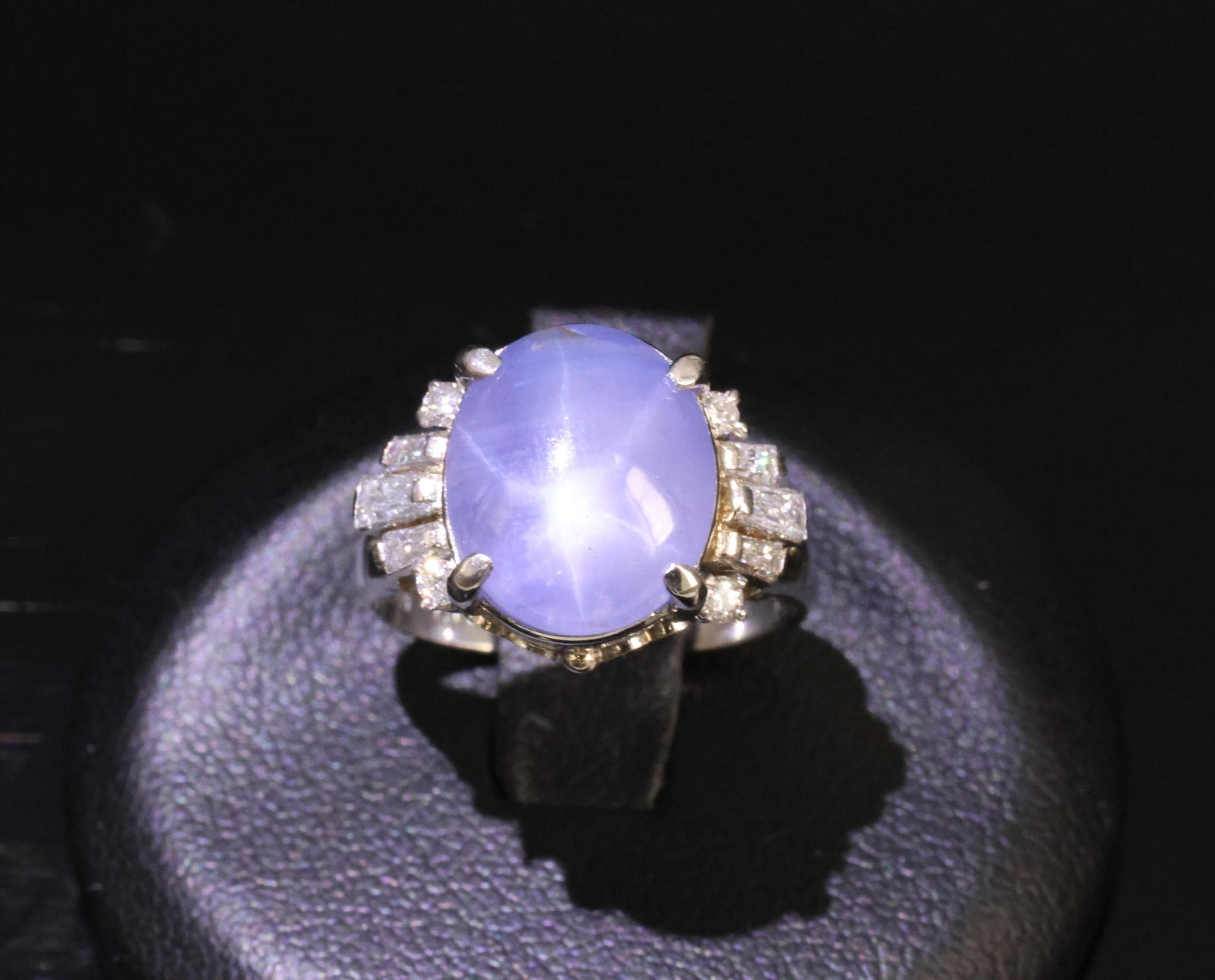 Vintage 7.11ct Blue Star Sapphire & 0.42ct Diamond Platinum Ring, Size 5