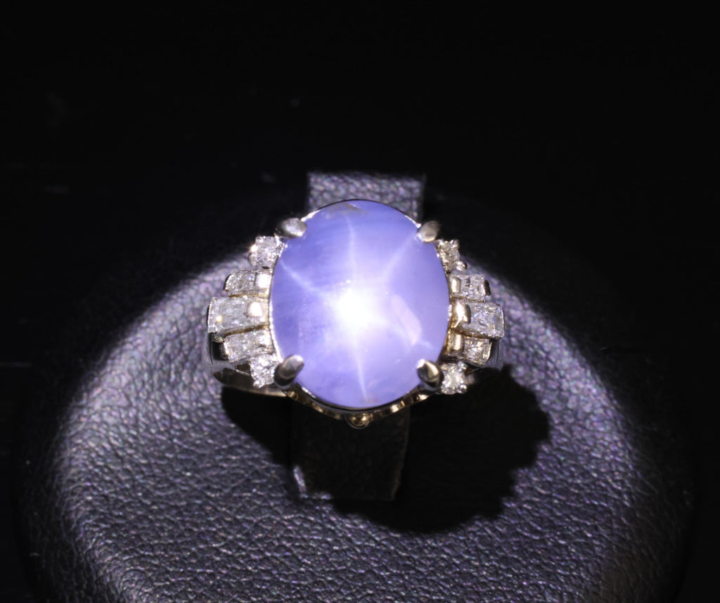 Vintage 7.11ct Blue Star Sapphire & 0.42ct Diamond Platinum Ring, Size 5