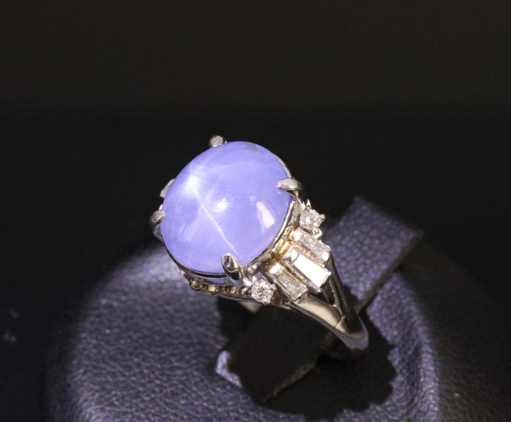 Vintage 7.11ct Blue Star Sapphire & 0.42ct Diamond Platinum Ring, Size 5