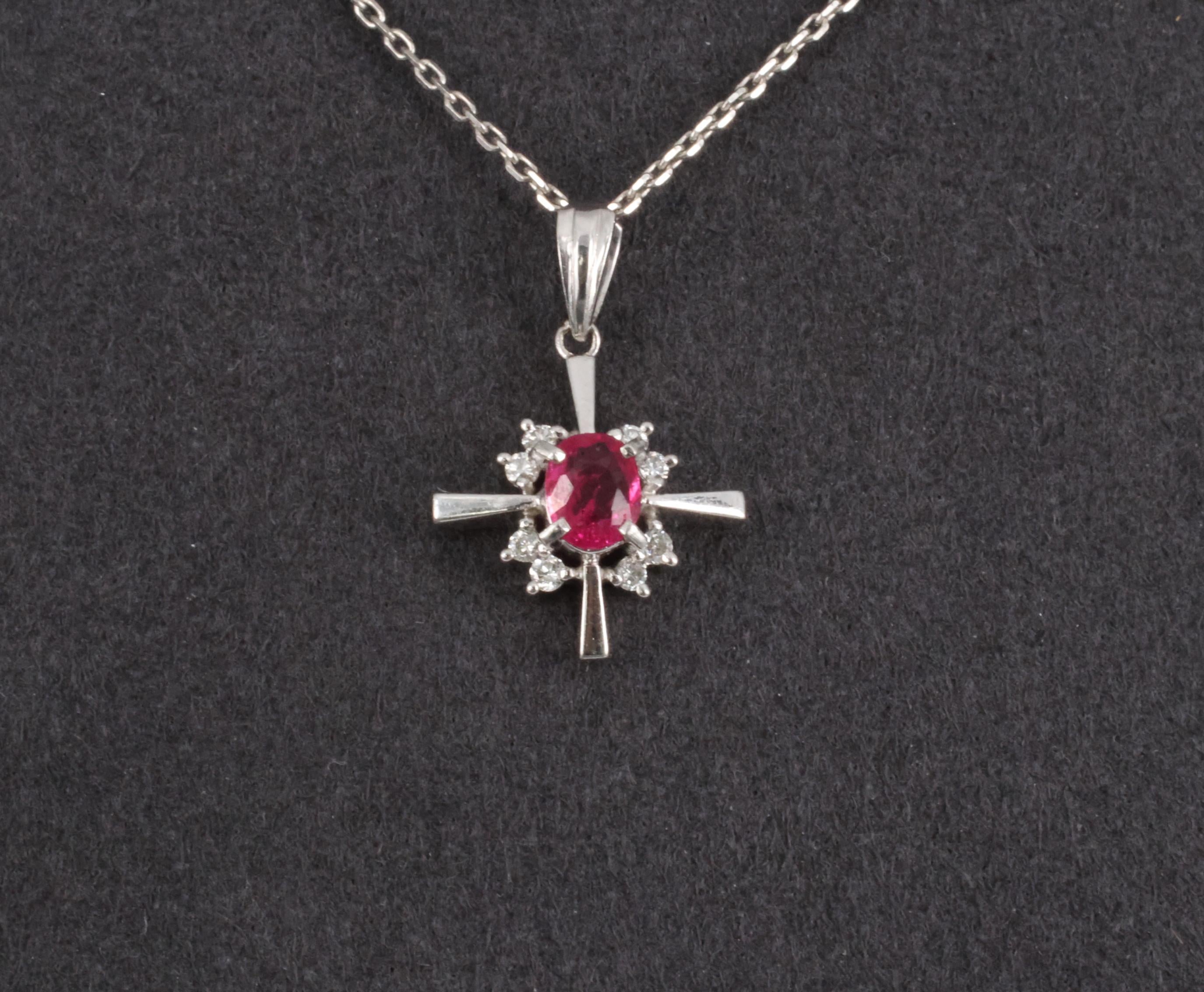 Fine 0.35ct Intense Red Ruby & 0.16ct Diamond Platinum Cross Necklace
