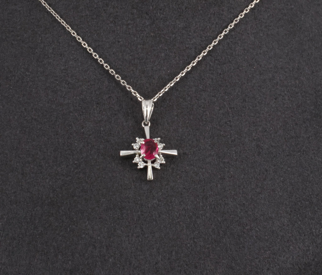Fine 0.35ct Intense Red Ruby & 0.16ct Diamond Platinum Cross Necklace