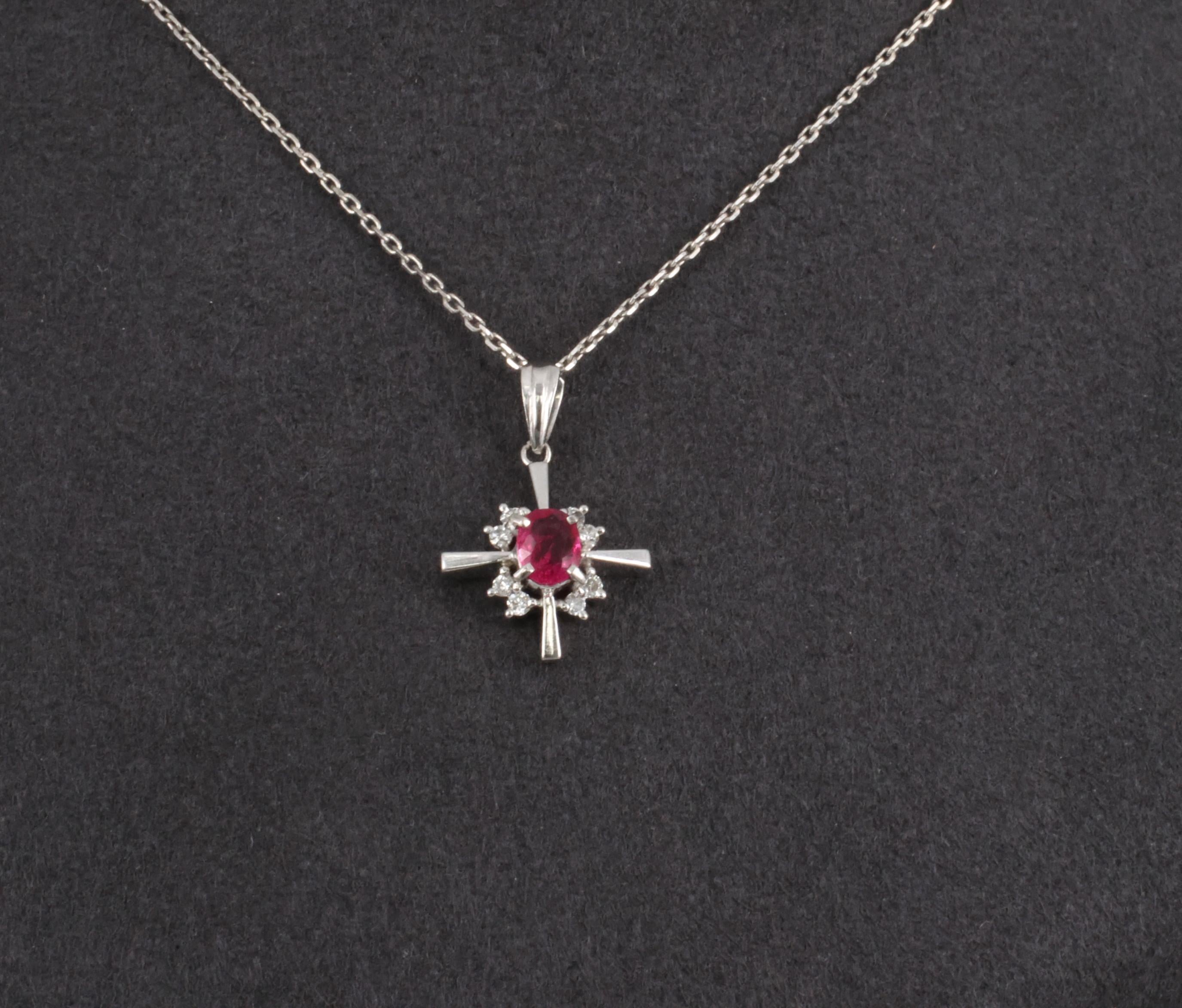 Fine 0.35ct Intense Red Ruby & 0.16ct Diamond Platinum Cross Necklace