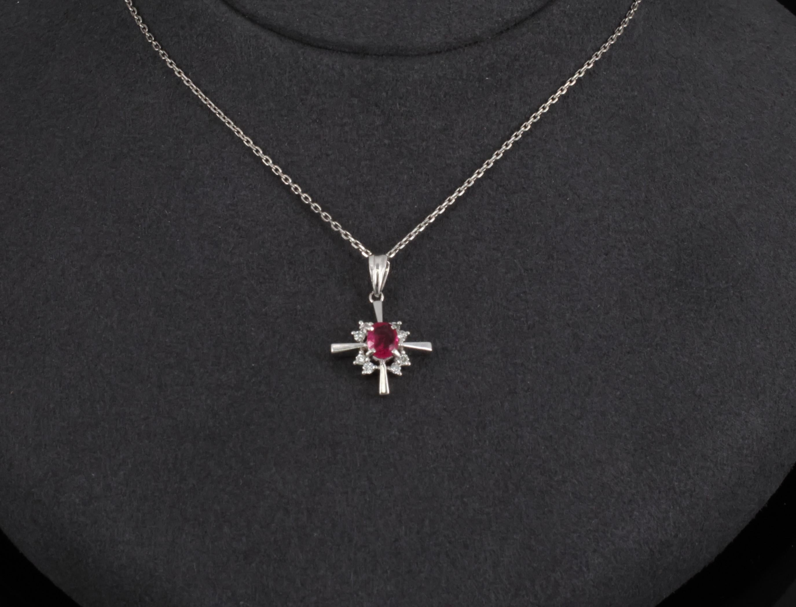 Fine 0.35ct Intense Red Ruby & 0.16ct Diamond Platinum Cross Necklace