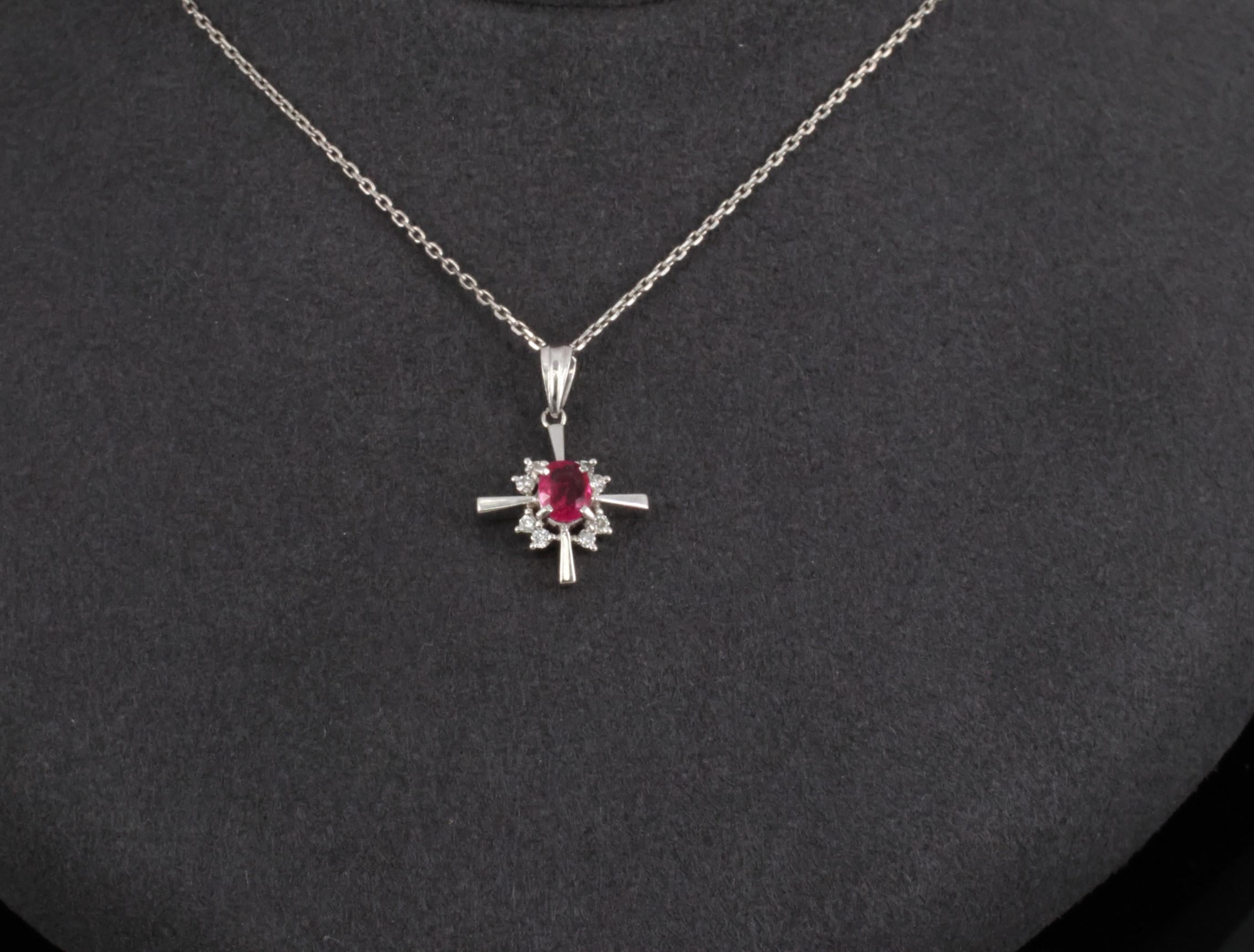 Fine 0.35ct Intense Red Ruby & 0.16ct Diamond Platinum Cross Necklace