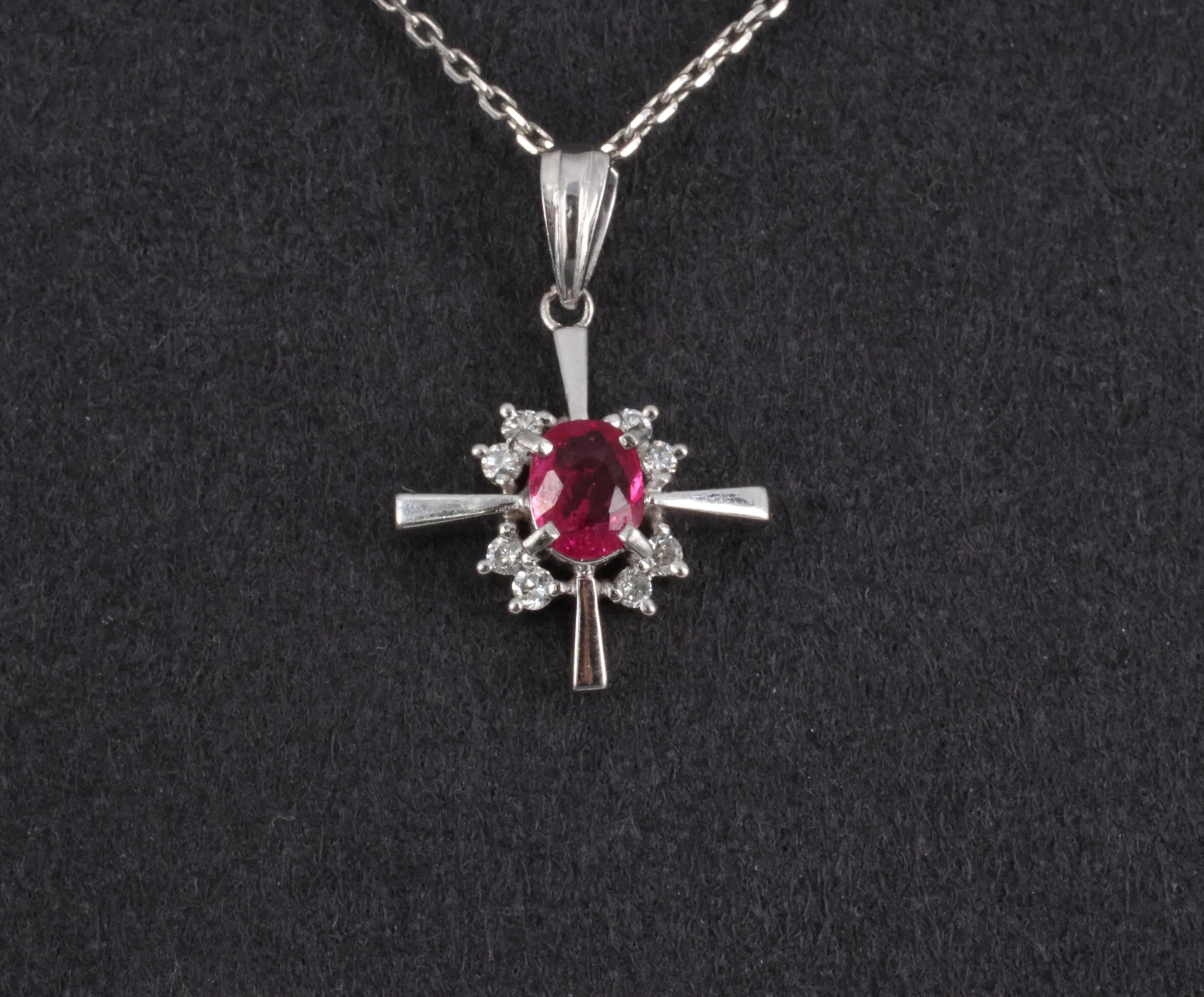 Fine 0.35ct Intense Red Ruby & 0.16ct Diamond Platinum Cross Necklace