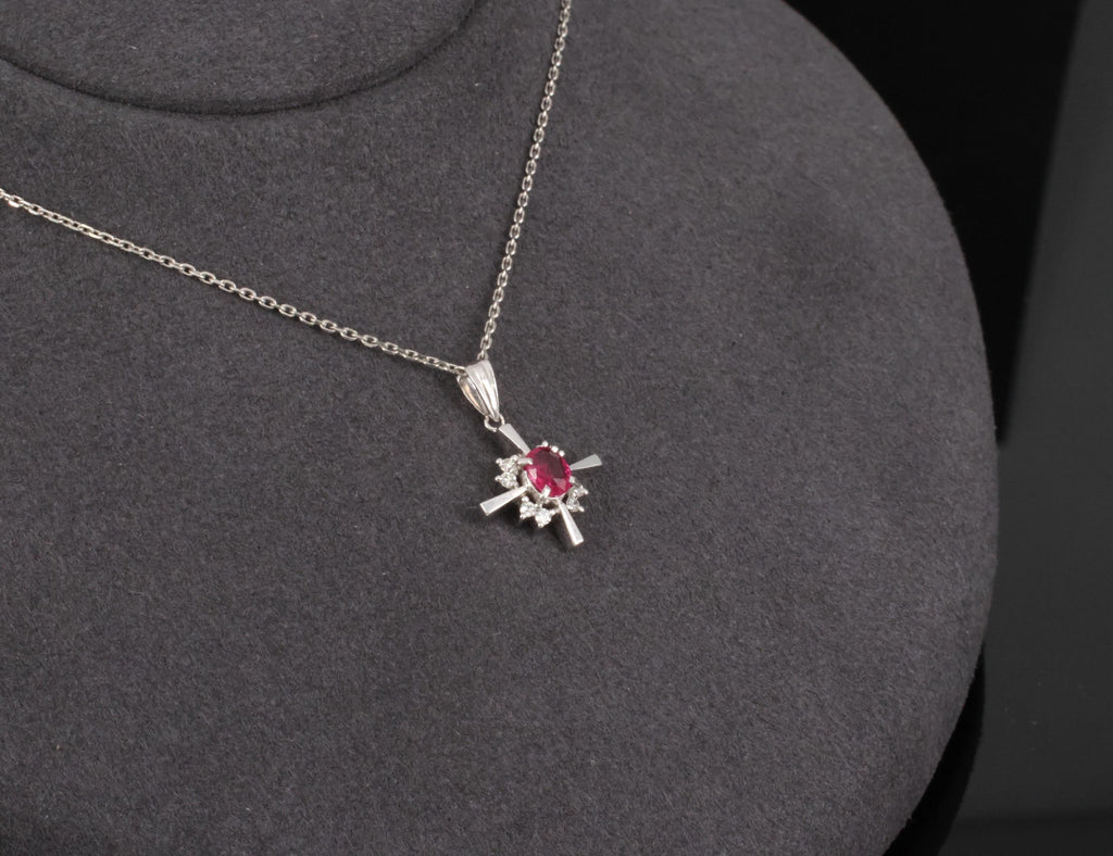 Fine 0.35ct Intense Red Ruby & 0.16ct Diamond Platinum Cross Necklace