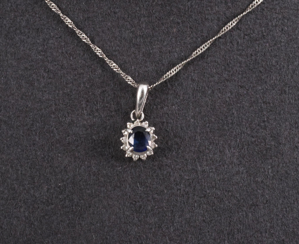 Estate 0.29ct Royal Blue Sapphire & 0.19ct Diamond Platinum Halo Necklace