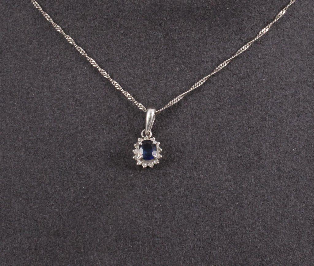 Estate 0.29ct Royal Blue Sapphire & 0.19ct Diamond Platinum Halo Necklace