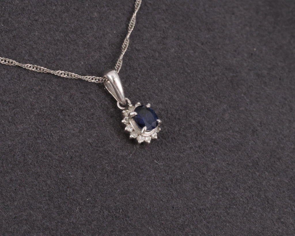 Estate 0.29ct Royal Blue Sapphire & 0.19ct Diamond Platinum Halo Necklace