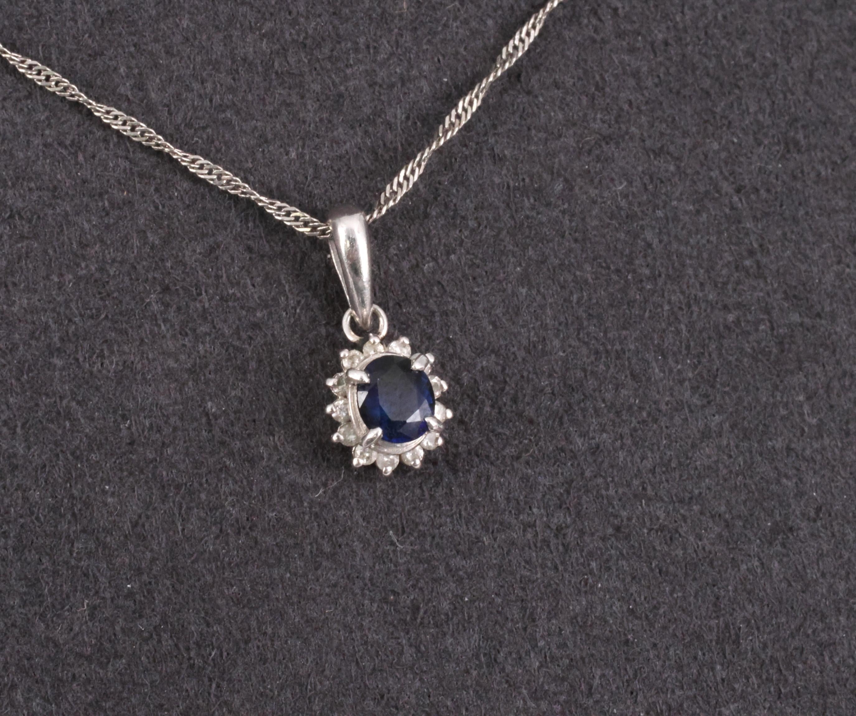 Estate 0.29ct Royal Blue Sapphire & 0.19ct Diamond Platinum Halo Necklace