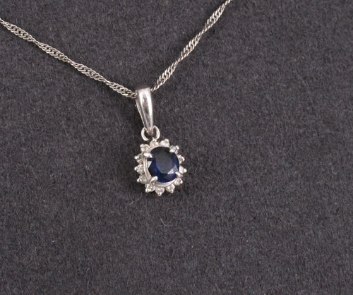 Estate 0.29ct Royal Blue Sapphire & 0.19ct Diamond Platinum Halo Necklace