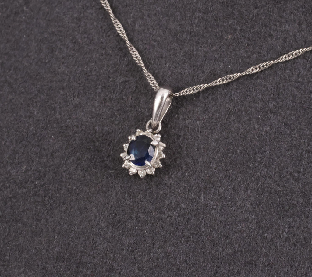 Estate 0.29ct Royal Blue Sapphire & 0.19ct Diamond Platinum Halo Necklace
