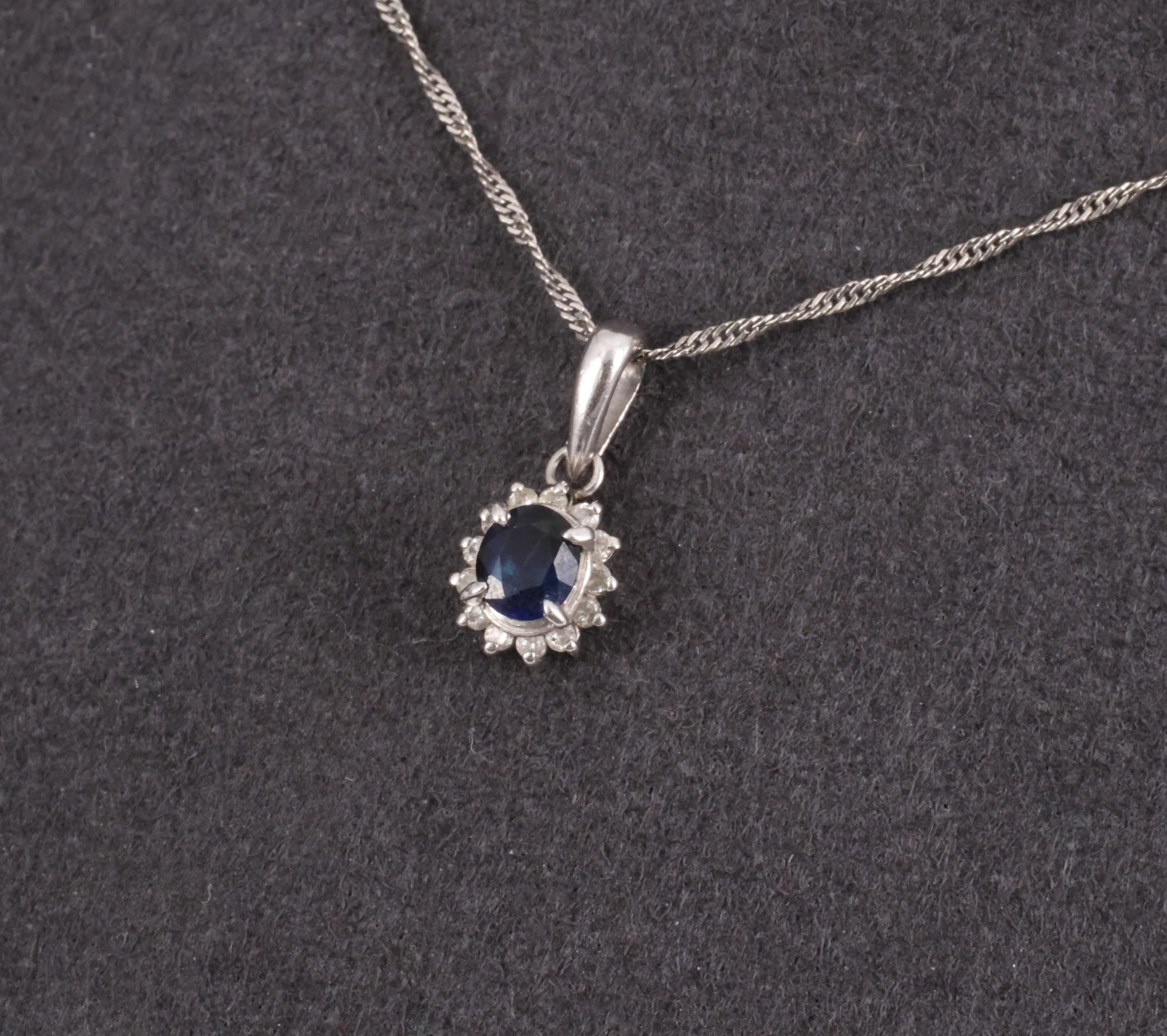 Estate 0.29ct Royal Blue Sapphire & 0.19ct Diamond Platinum Halo Necklace