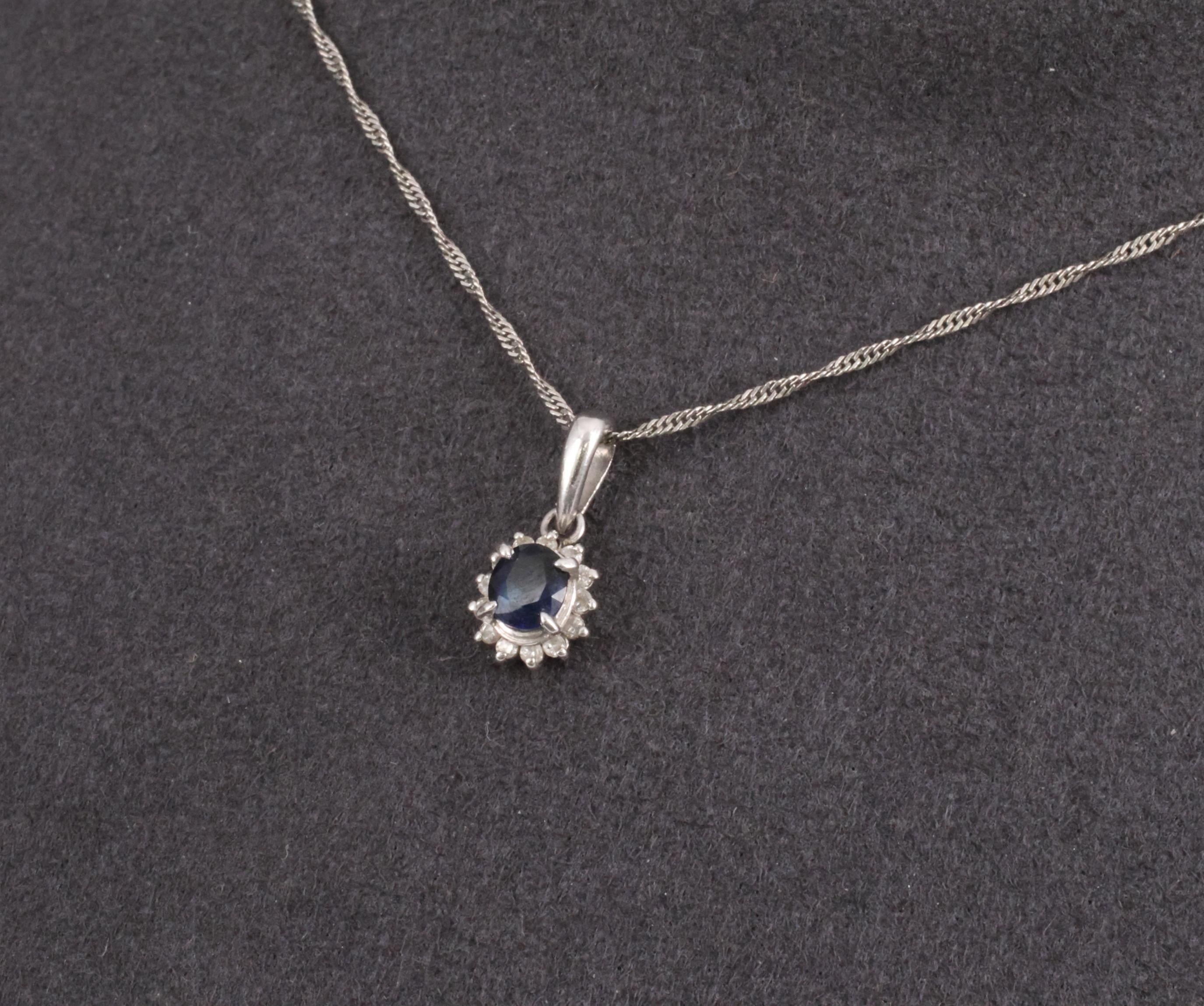 Estate 0.29ct Royal Blue Sapphire & 0.19ct Diamond Platinum Halo Necklace