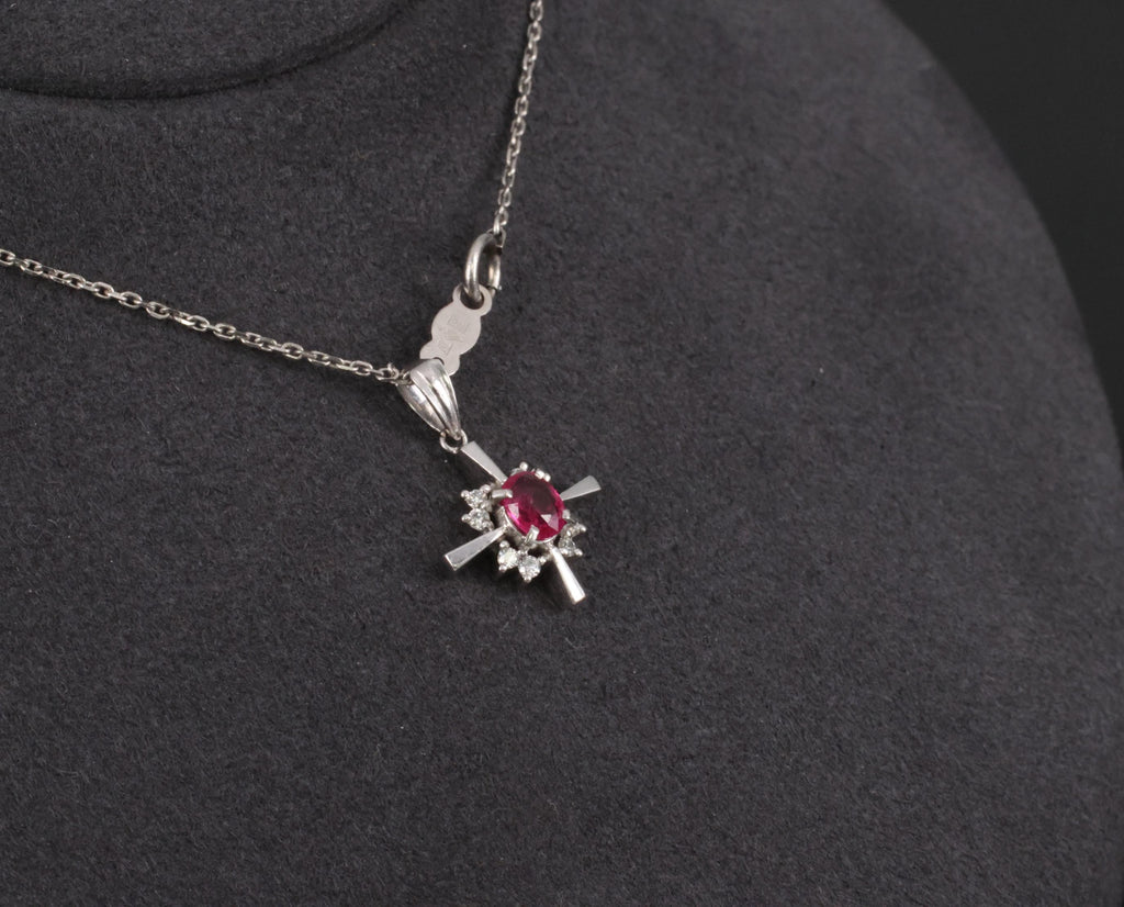 Fine 0.35ct Intense Red Ruby & 0.16ct Diamond Platinum Cross Necklace