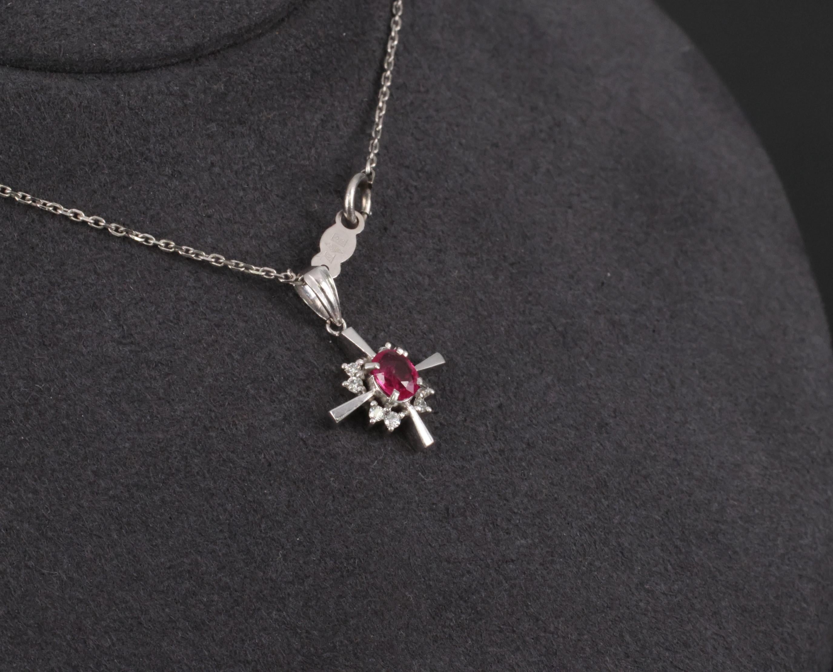 Fine 0.35ct Intense Red Ruby & 0.16ct Diamond Platinum Cross Necklace