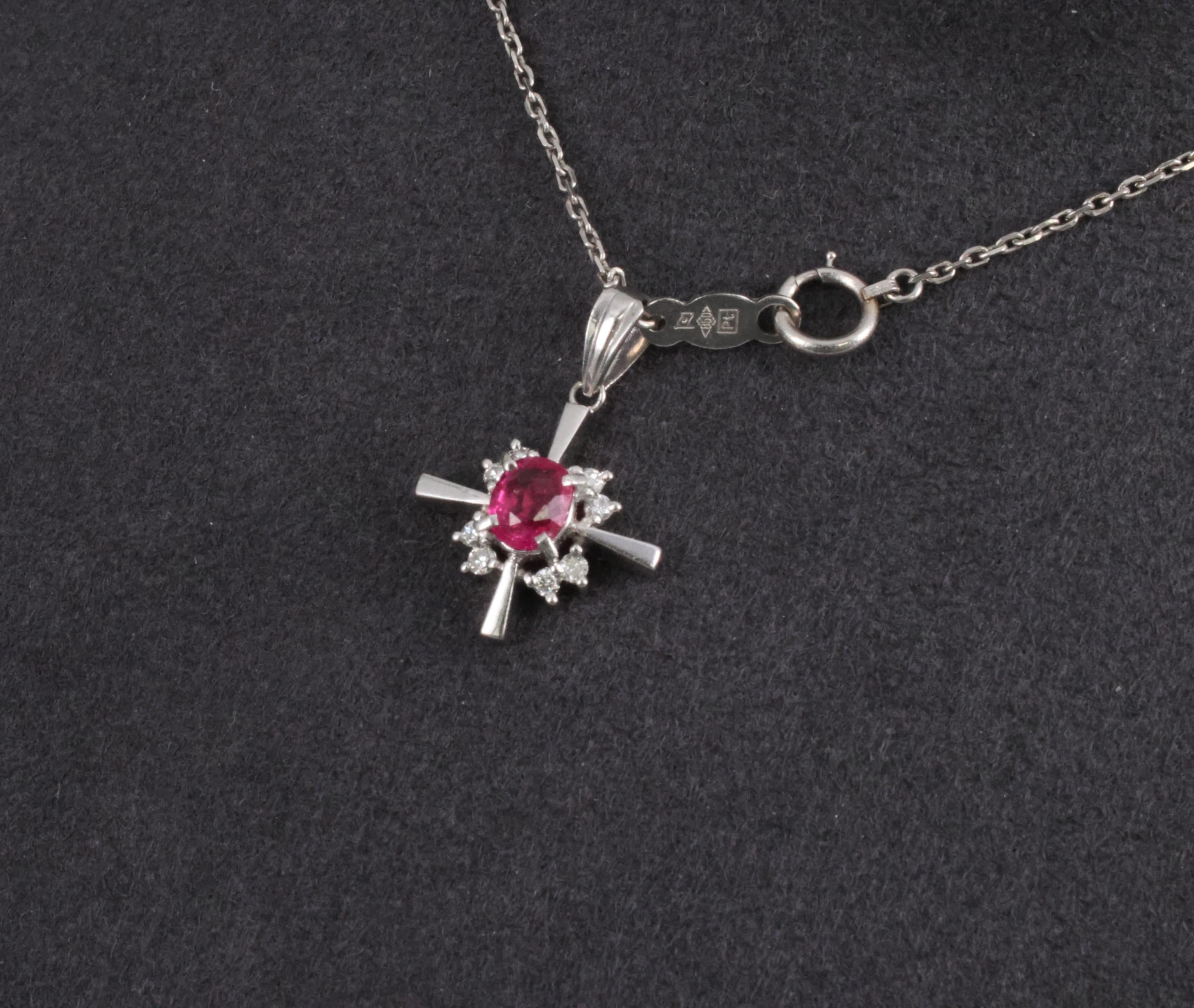 Fine 0.35ct Intense Red Ruby & 0.16ct Diamond Platinum Cross Necklace