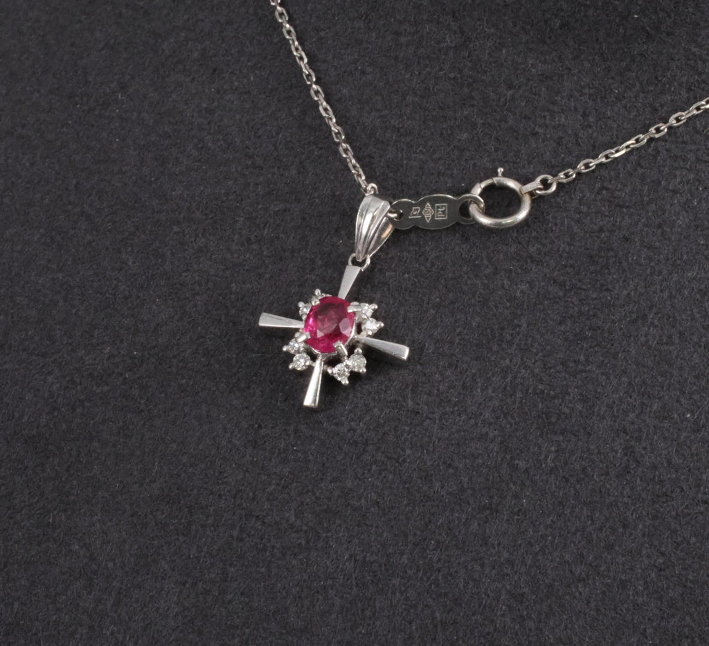 Fine 0.35ct Intense Red Ruby & 0.16ct Diamond Platinum Cross Necklace