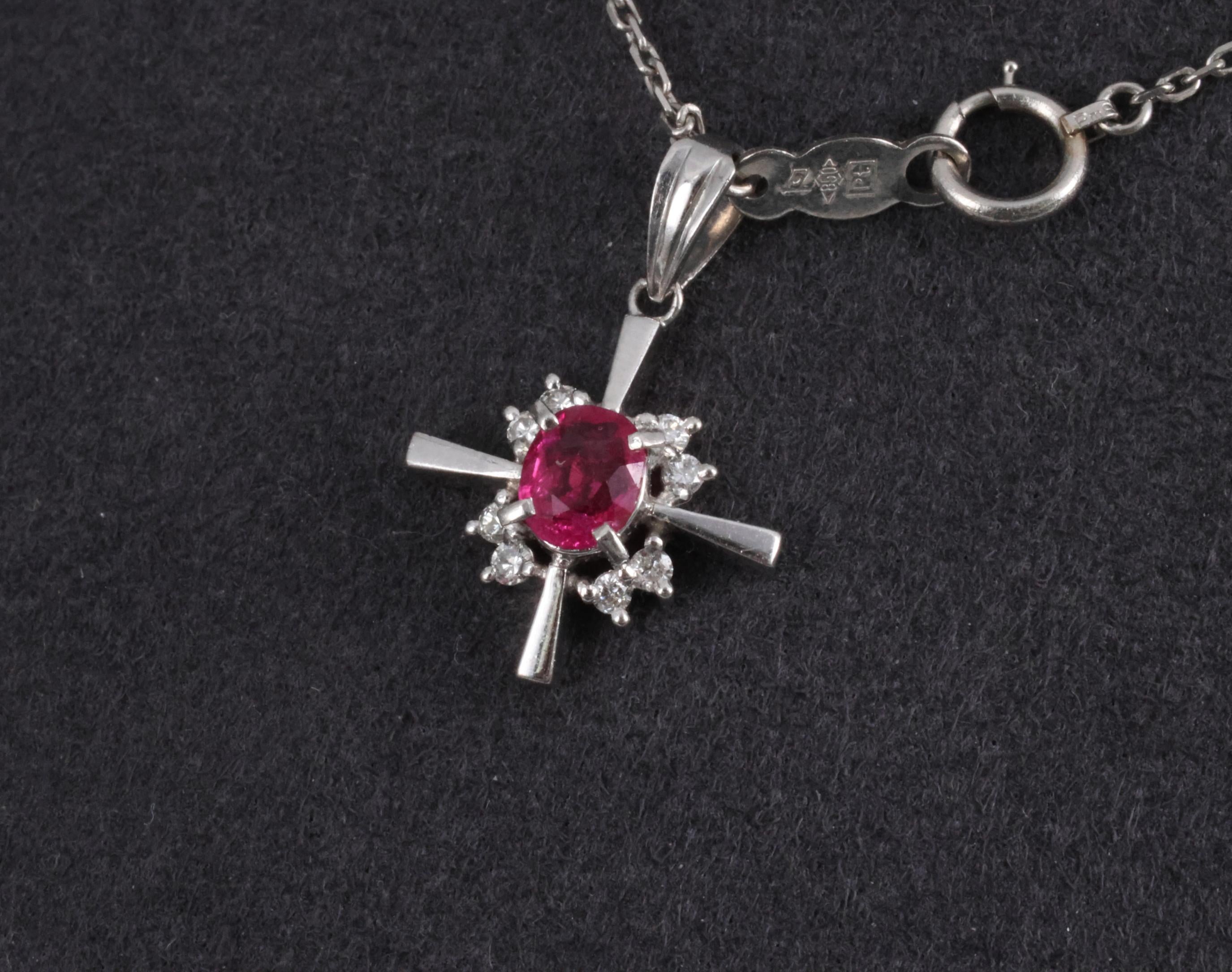 Fine 0.35ct Intense Red Ruby & 0.16ct Diamond Platinum Cross Necklace