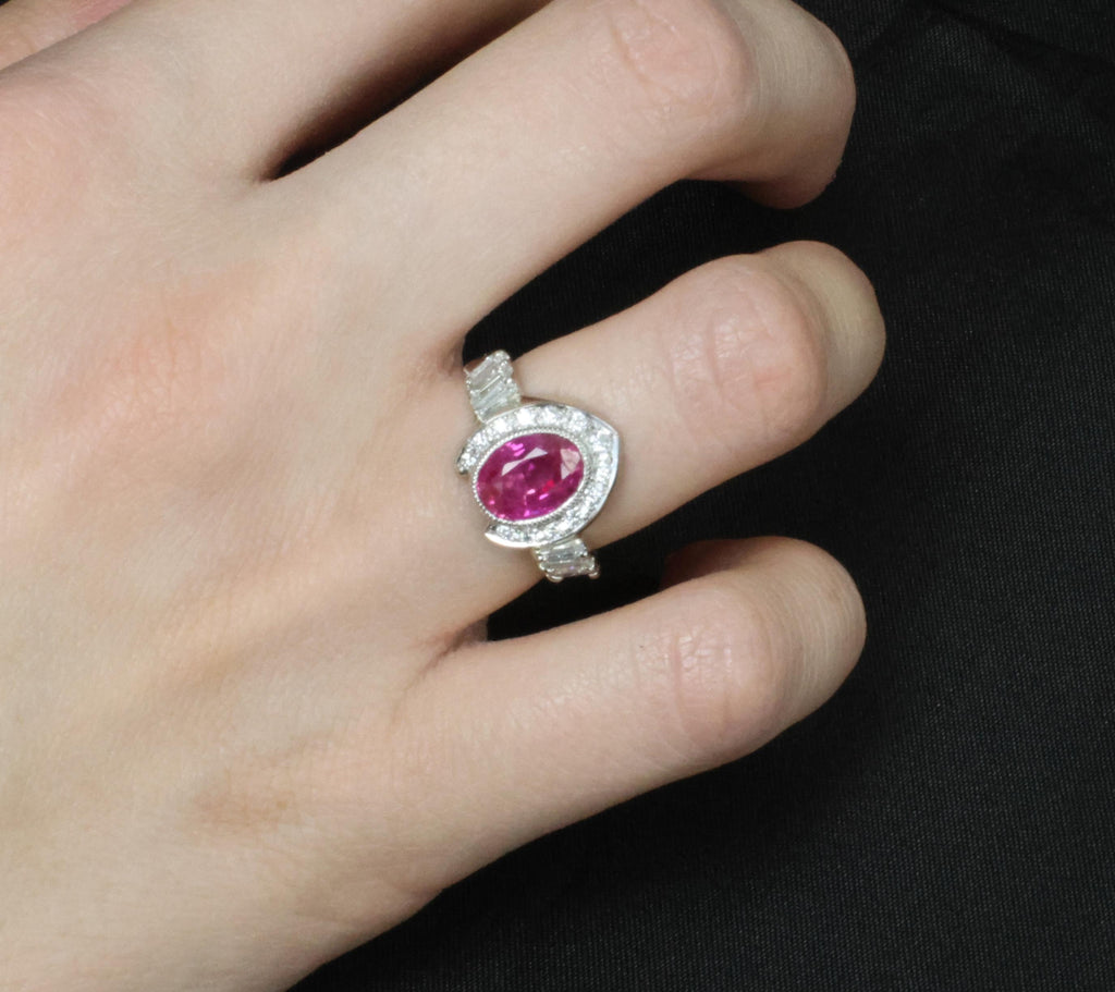 2.56ct GIA Burma Pink Sapphire 0.65ct Diamond Platinum Playing Card Ring, Size 6